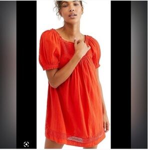 Free People Bright Orange/Red Puff Sleeve Mini Dress shorts underneath